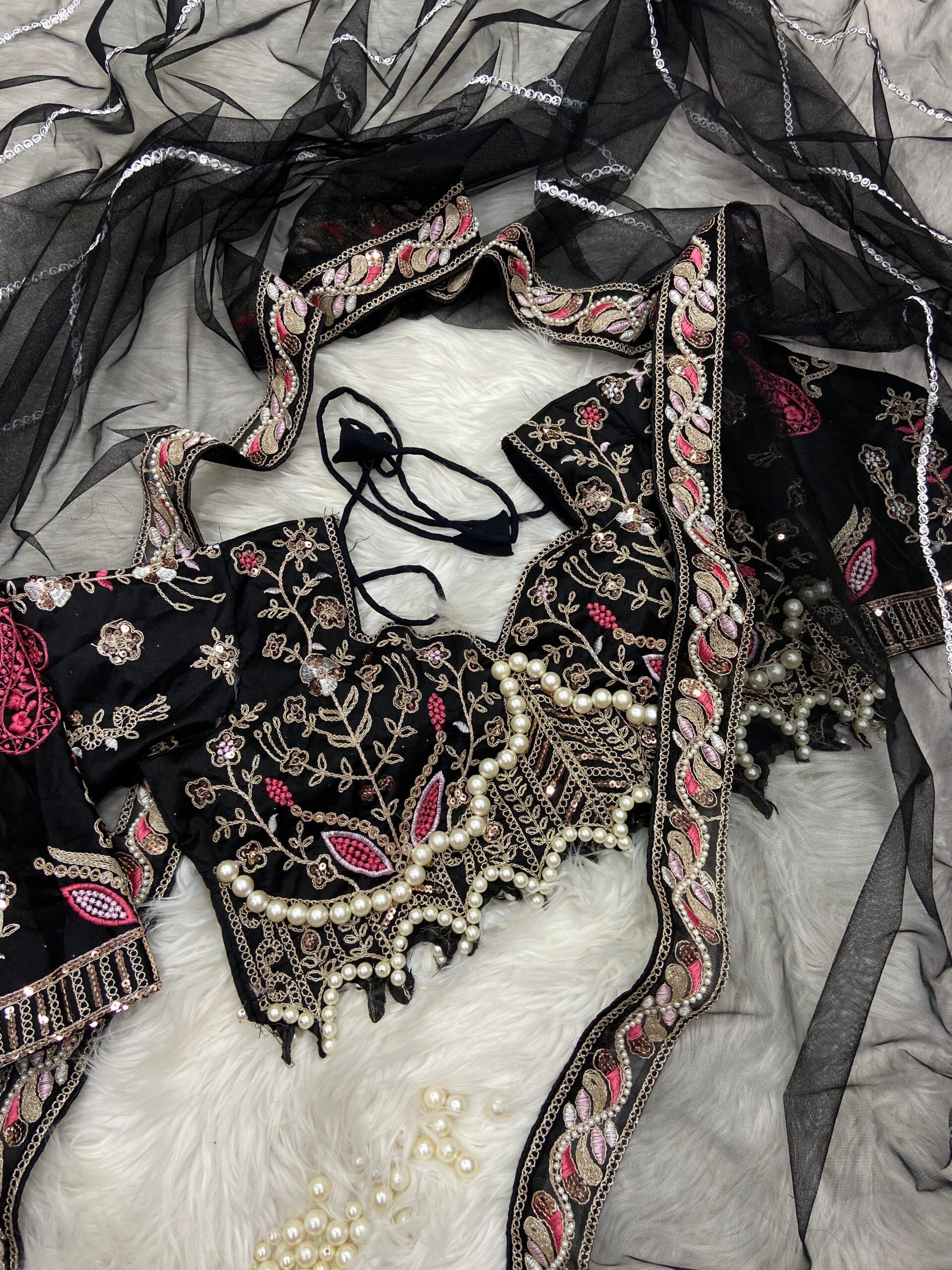 Elegant Black Embroidered Saree with Pearl and Net Detailing