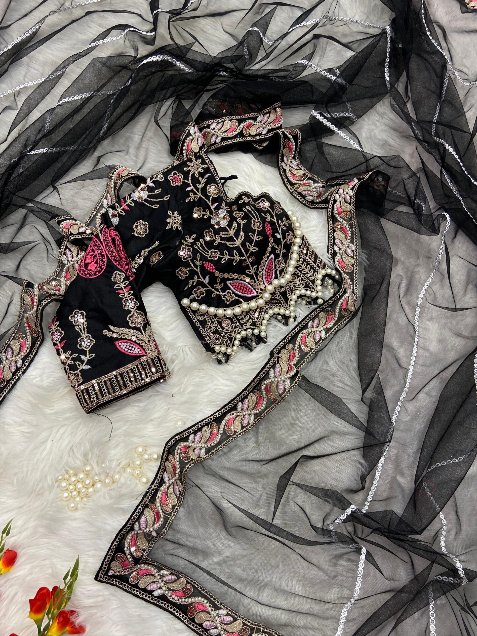 Elegant Black Embroidered Saree with Pearl and Net Detailing - Image 2