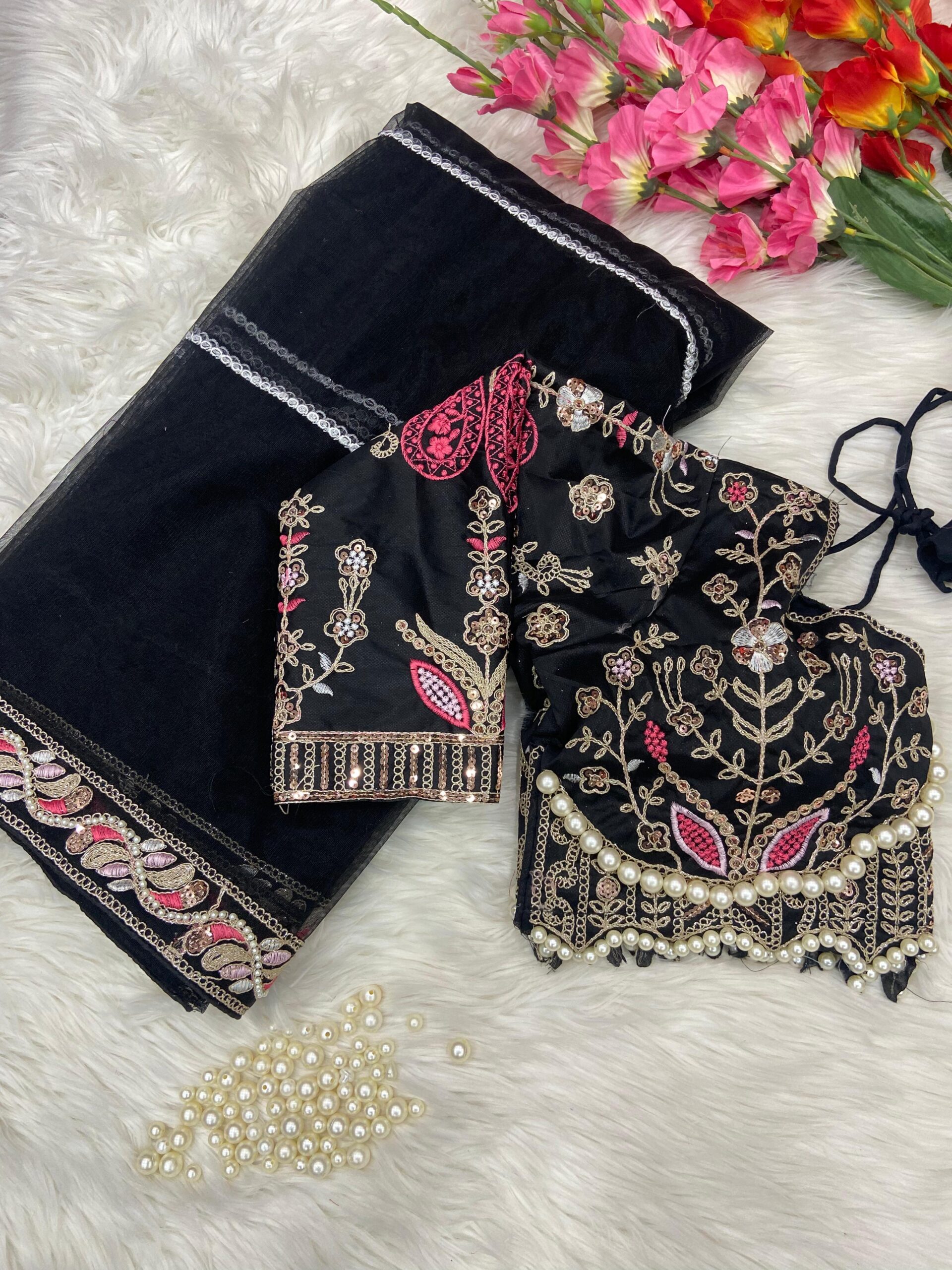 Elegant Black Embroidered Saree with Pearl and Net Detailing - Image 4