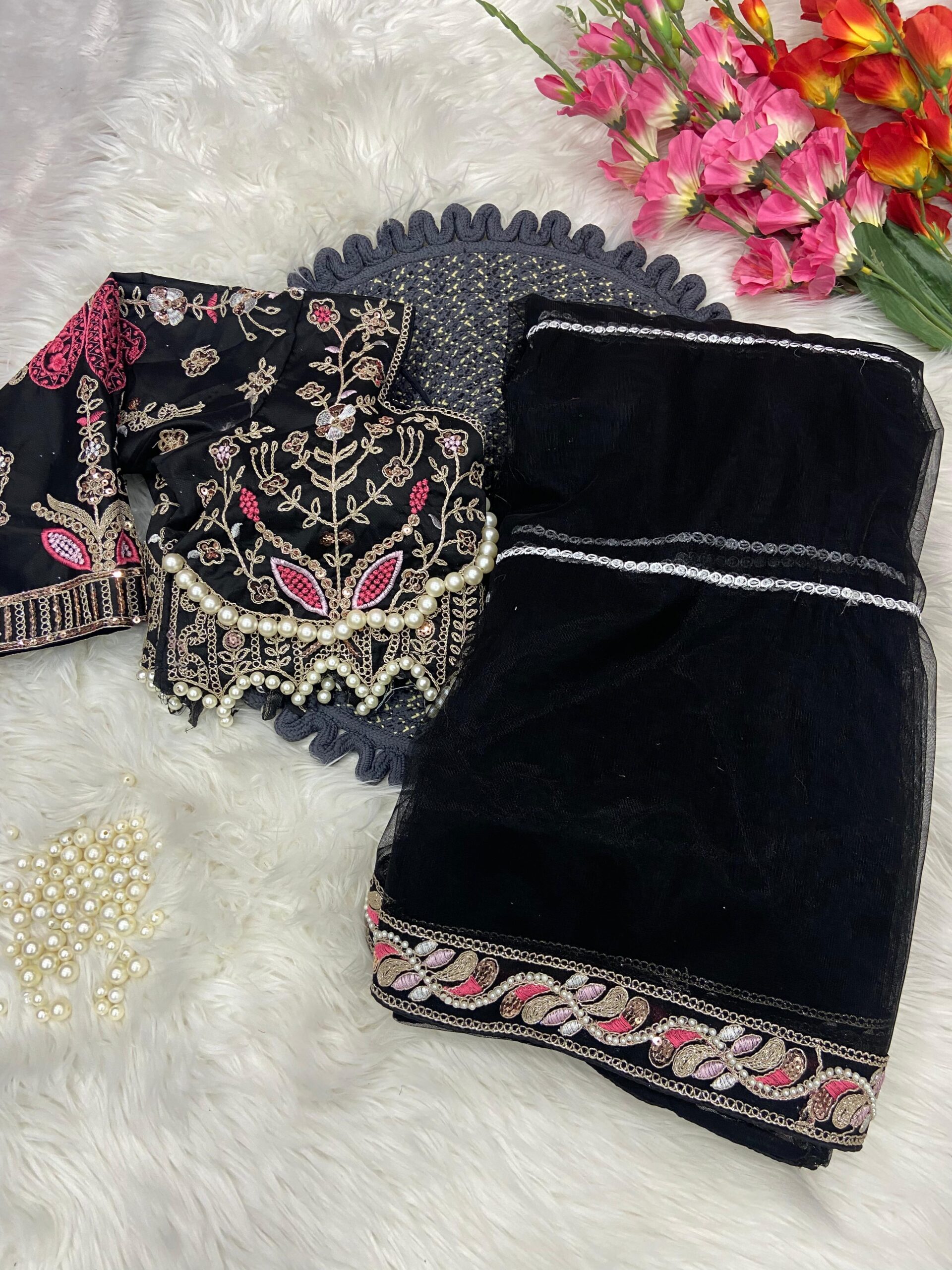 Elegant Black Embroidered Saree with Pearl and Net Detailing - Image 5