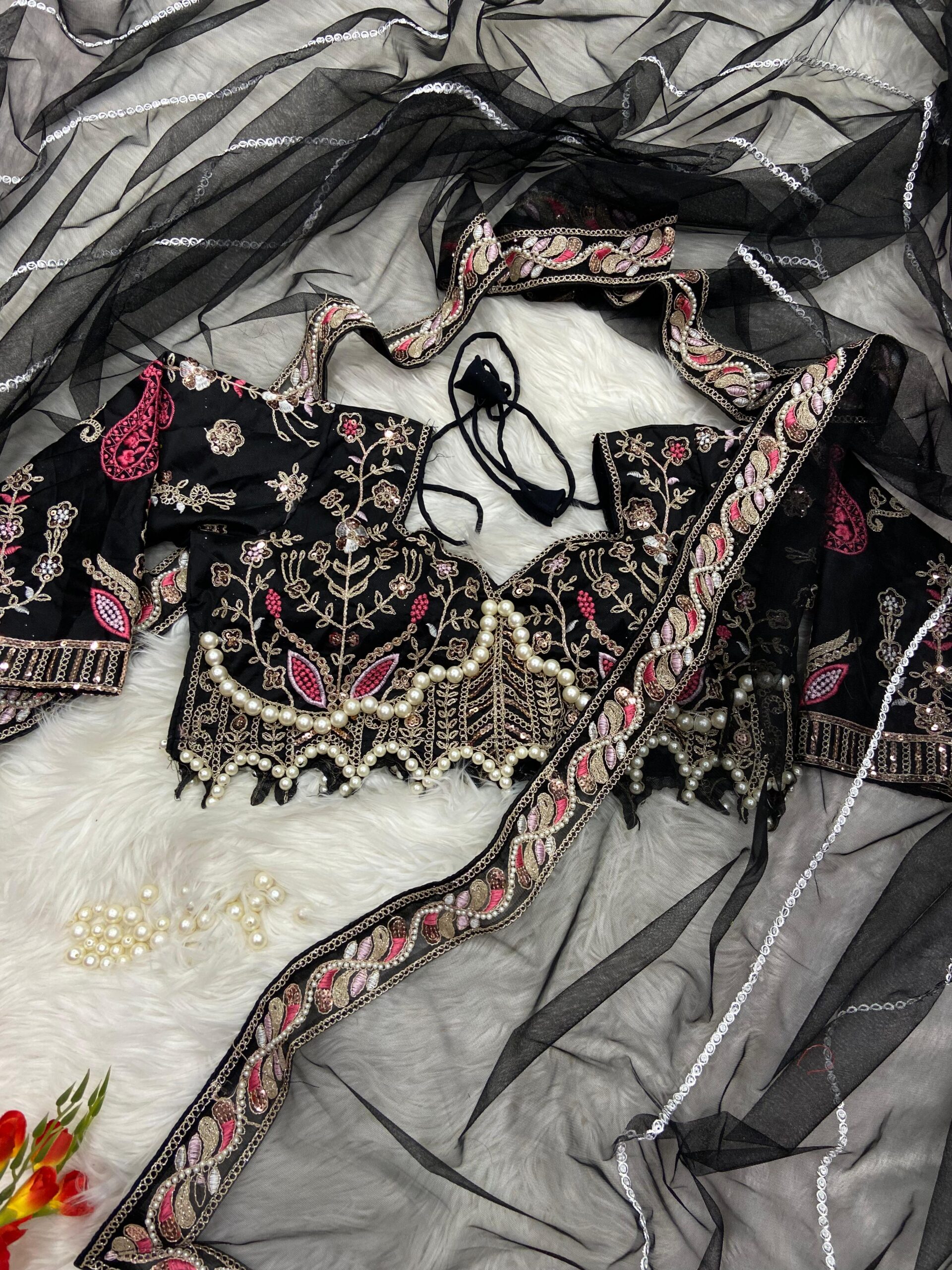 Elegant Black Embroidered Saree with Pearl and Net Detailing - Image 6