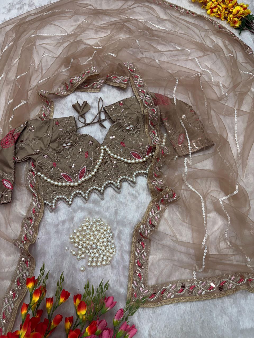 Elegant Brown Embroidered Saree with Pearl and Net Detailing