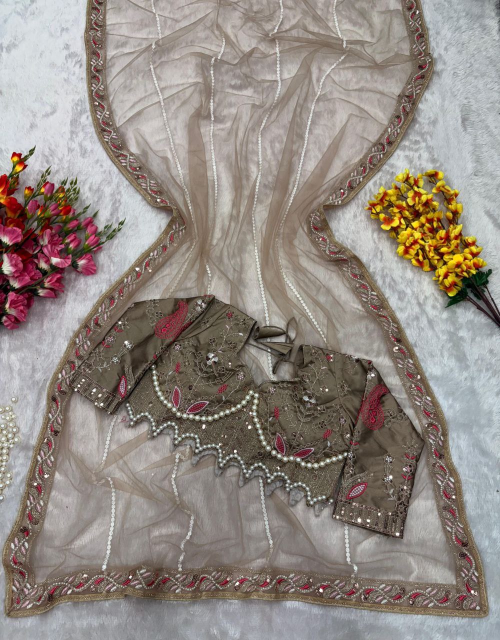 Elegant Brown Embroidered Saree with Pearl and Net Detailing - Image 5