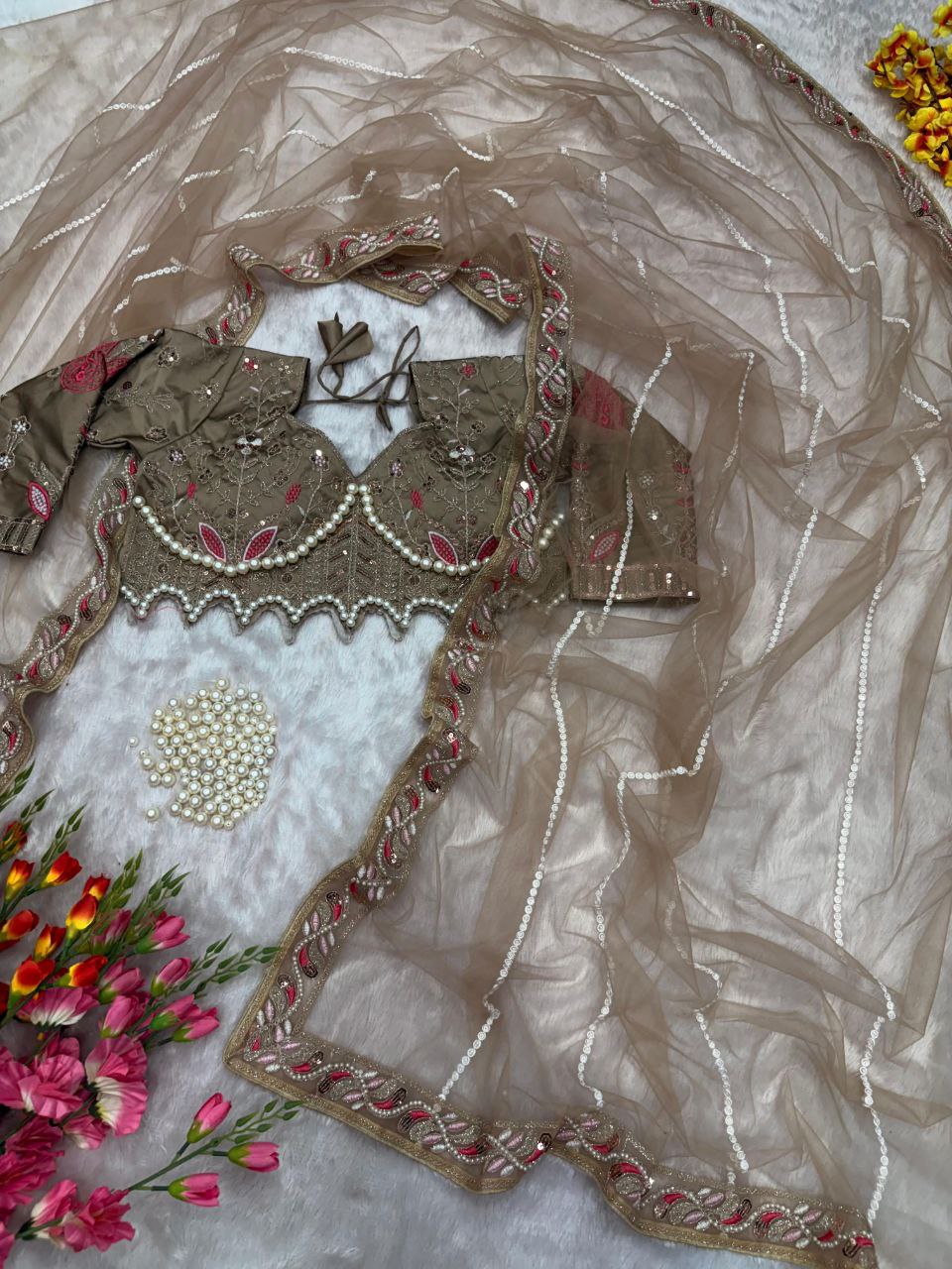 Elegant Brown Embroidered Saree with Pearl and Net Detailing - Image 6
