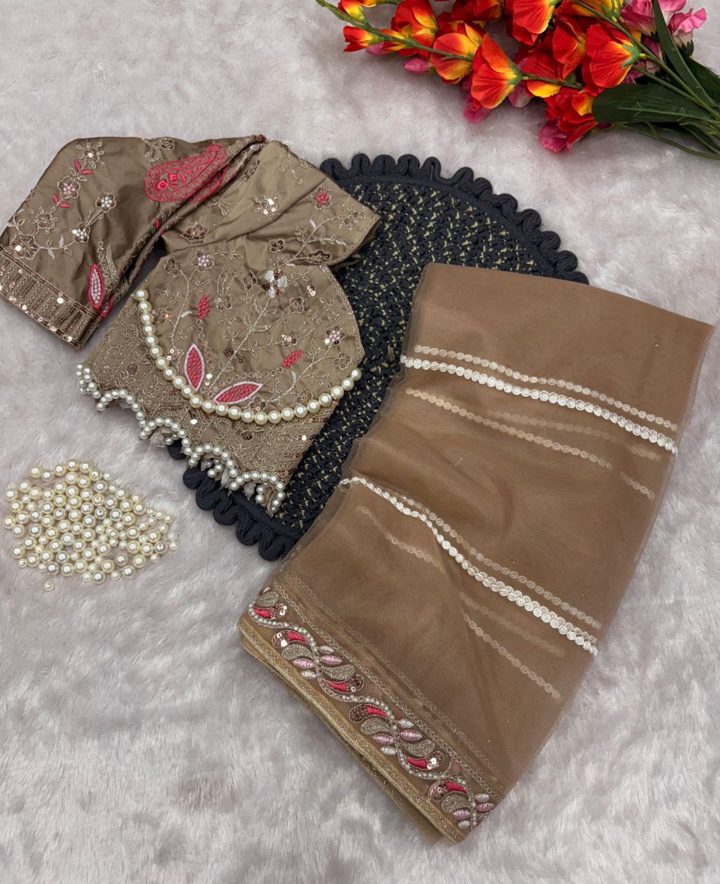 Elegant Brown Embroidered Saree with Pearl and Net Detailing - Image 7