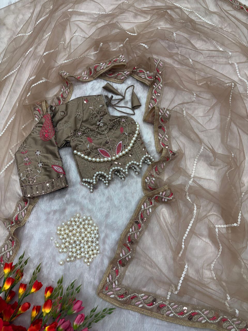 Elegant Brown Embroidered Saree with Pearl and Net Detailing - Image 8