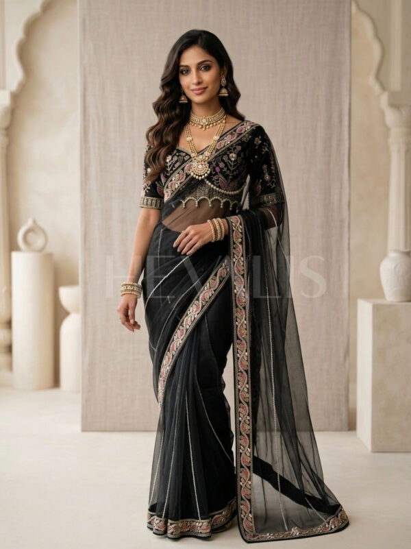 Elegant Black Embroidered Saree with Pearl and Net Detailing