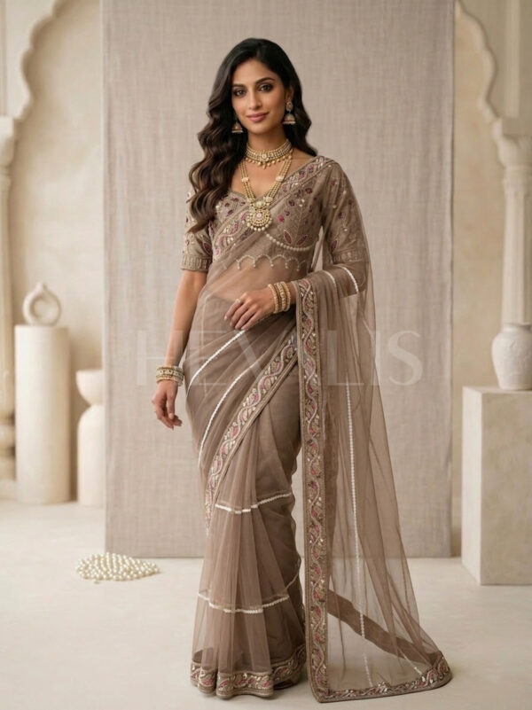 Elegant Brown Embroidered Saree with Pearl and Net Detailing