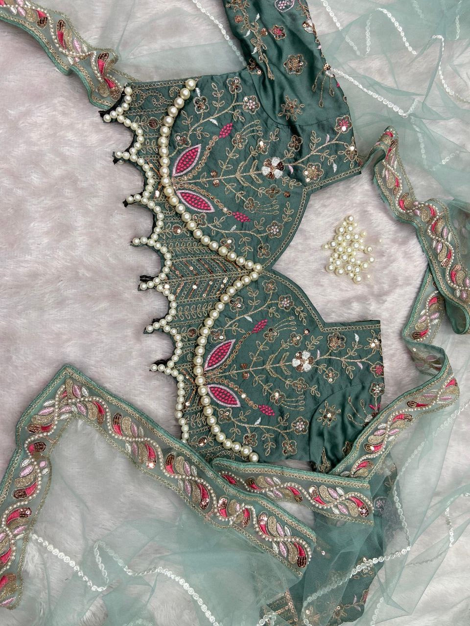 Elegant Green Embroidered Saree with Pearl and Net Detailing - Image 6