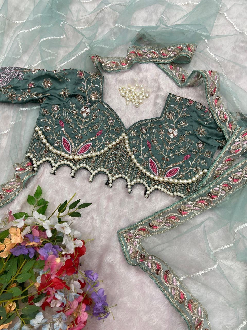 Elegant Green Embroidered Saree with Pearl and Net Detailing - Image 7