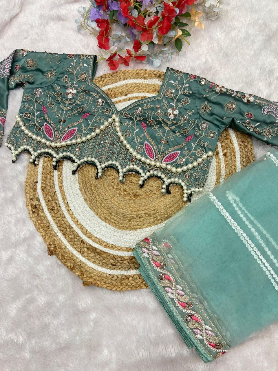 Elegant Green Embroidered Saree with Pearl and Net Detailing - Image 8