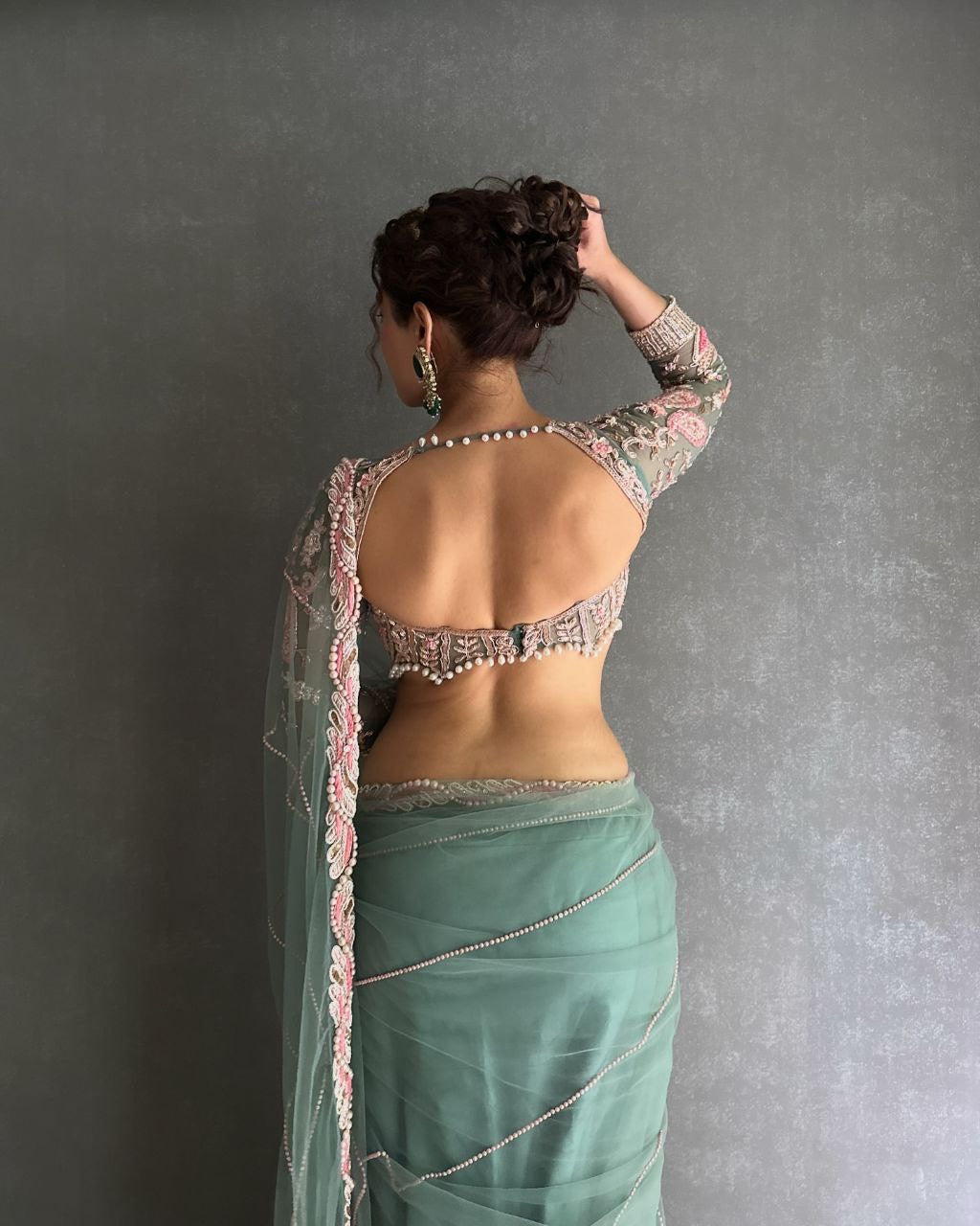 Elegant Green Embroidered Saree with Pearl and Net Detailing - Image 13