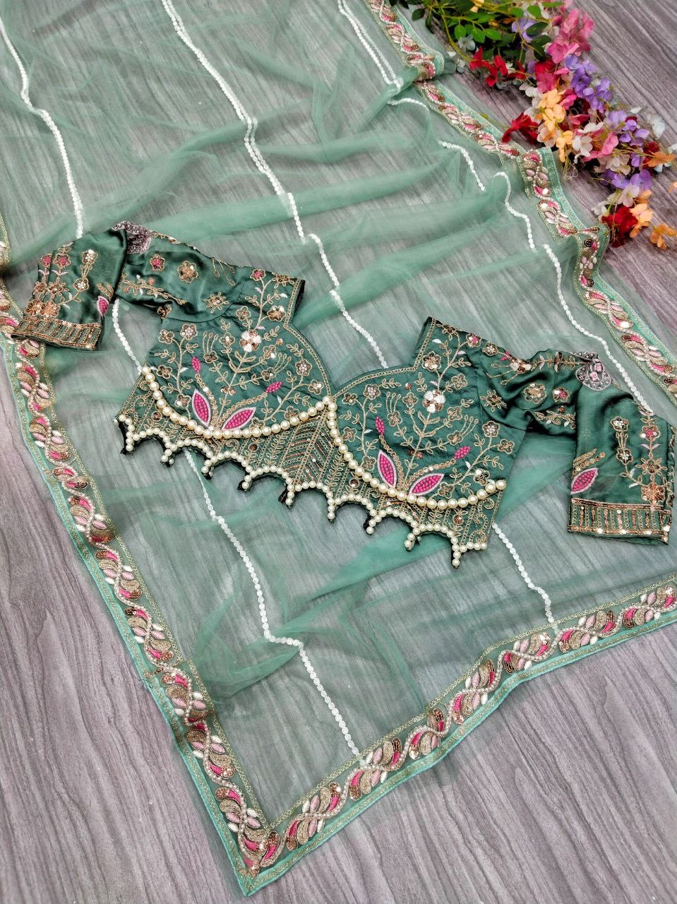 Elegant Green Embroidered Saree with Pearl and Net Detailing - Image 4