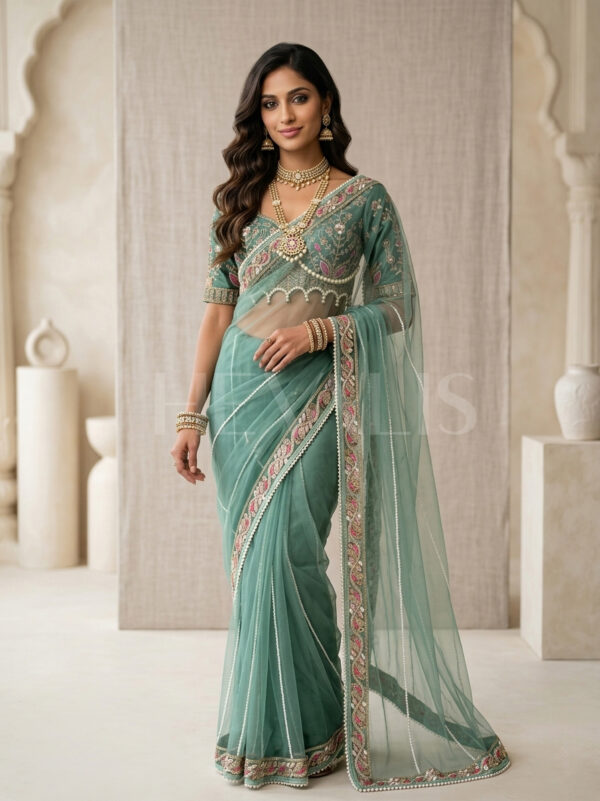 Elegant Green Embroidered Saree with Pearl and Net Detailing