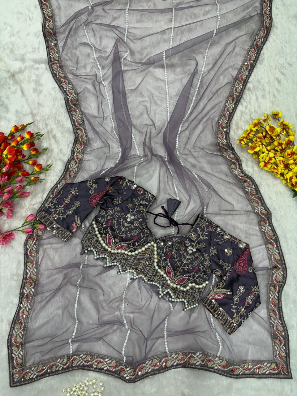 Elegant Lavender Embroidered Saree with Pearl and Net Detailing - Image 2