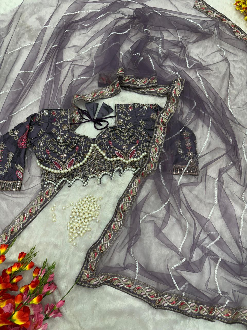 Elegant Lavender Embroidered Saree with Pearl and Net Detailing