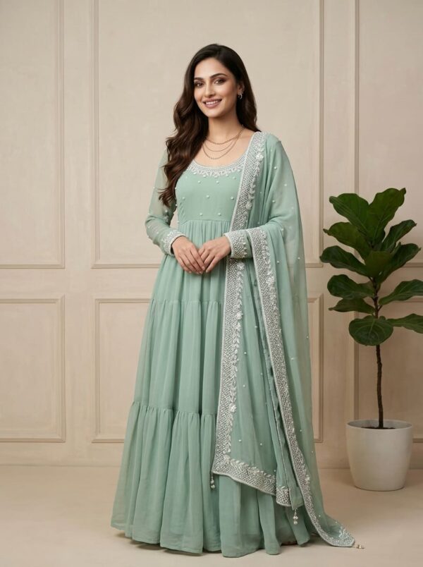 Pastel Green Georgette Anarkali Suit with Embroidered Dupatta
