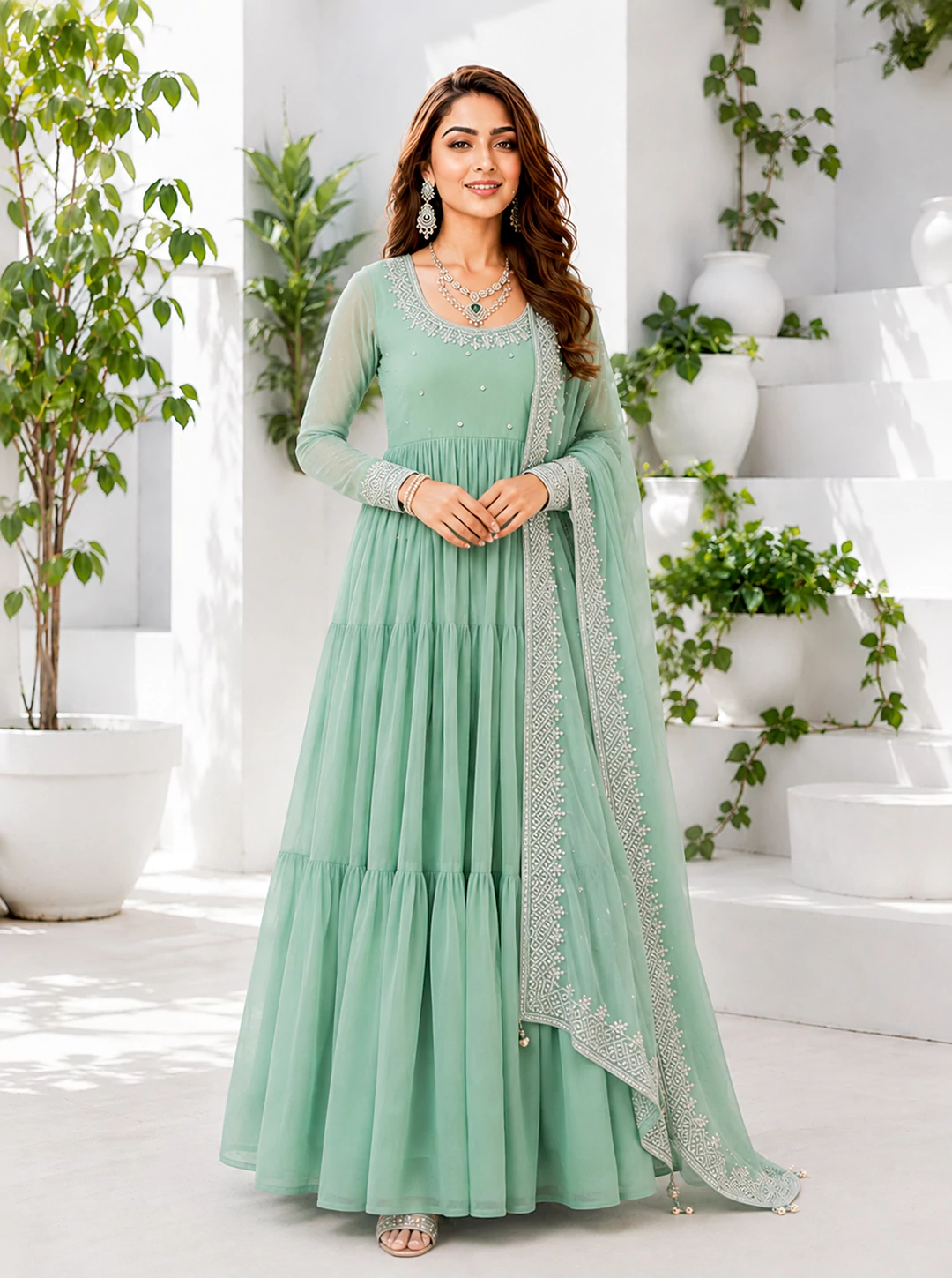 Pastel Green Georgette Anarkali Suit with Embroidered Dupatta