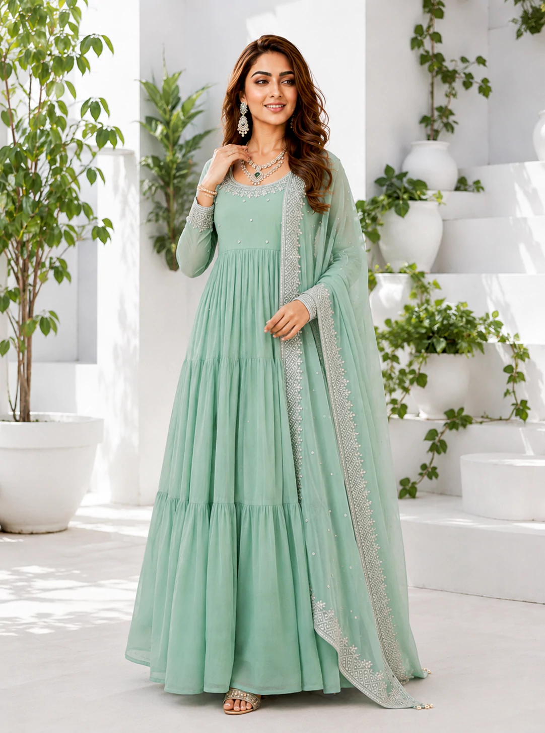 Pastel Green Georgette Anarkali Suit with Embroidered Dupatta - Image 2