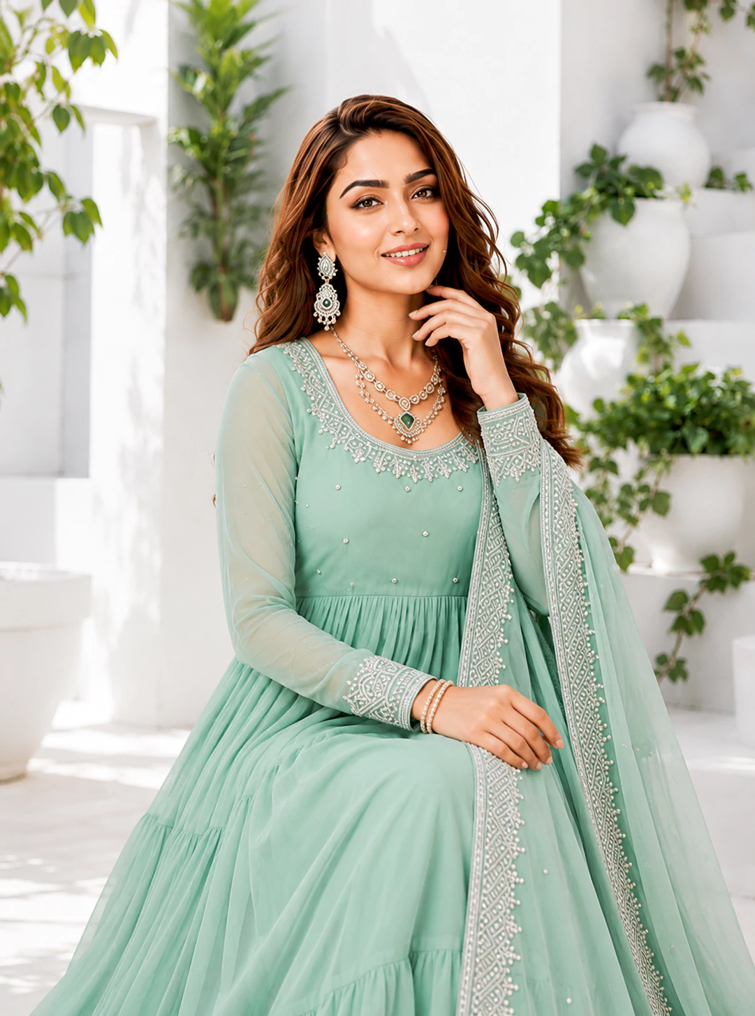 Pastel Green Georgette Anarkali Suit with Embroidered Dupatta - Image 4