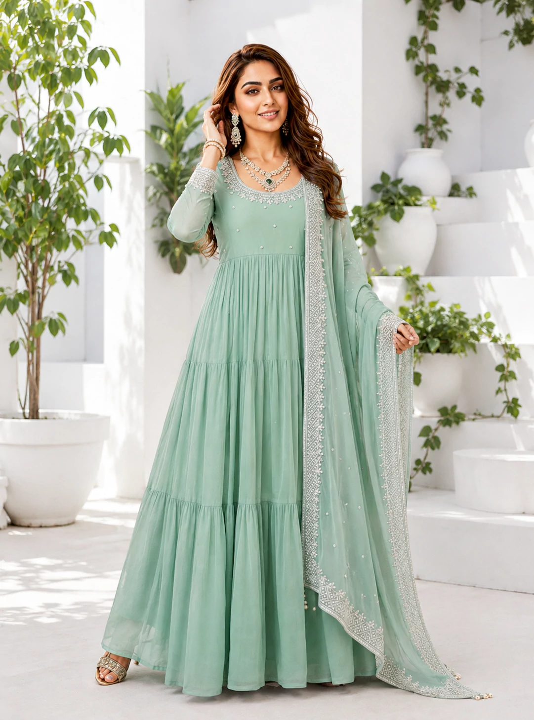 Pastel Green Georgette Anarkali Suit with Embroidered Dupatta - Image 3