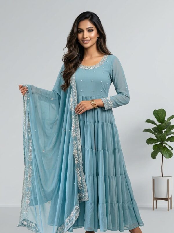 Sky Blue Tiered Anarkali Gown with Sequined Dupatta
