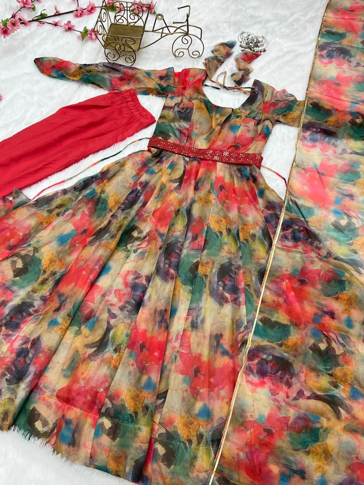 Red Color Printed Anarkali Kurta Set - Image 7