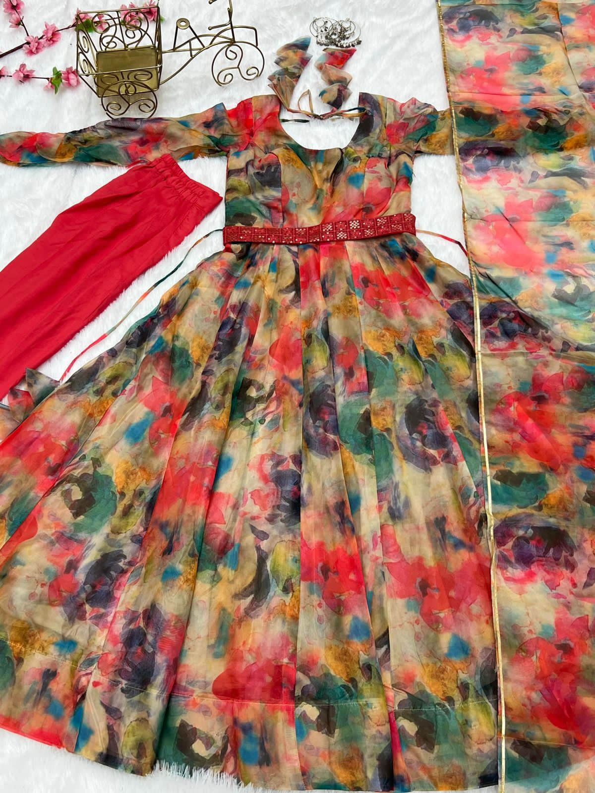 Red Color Printed Anarkali Kurta Set - Image 6