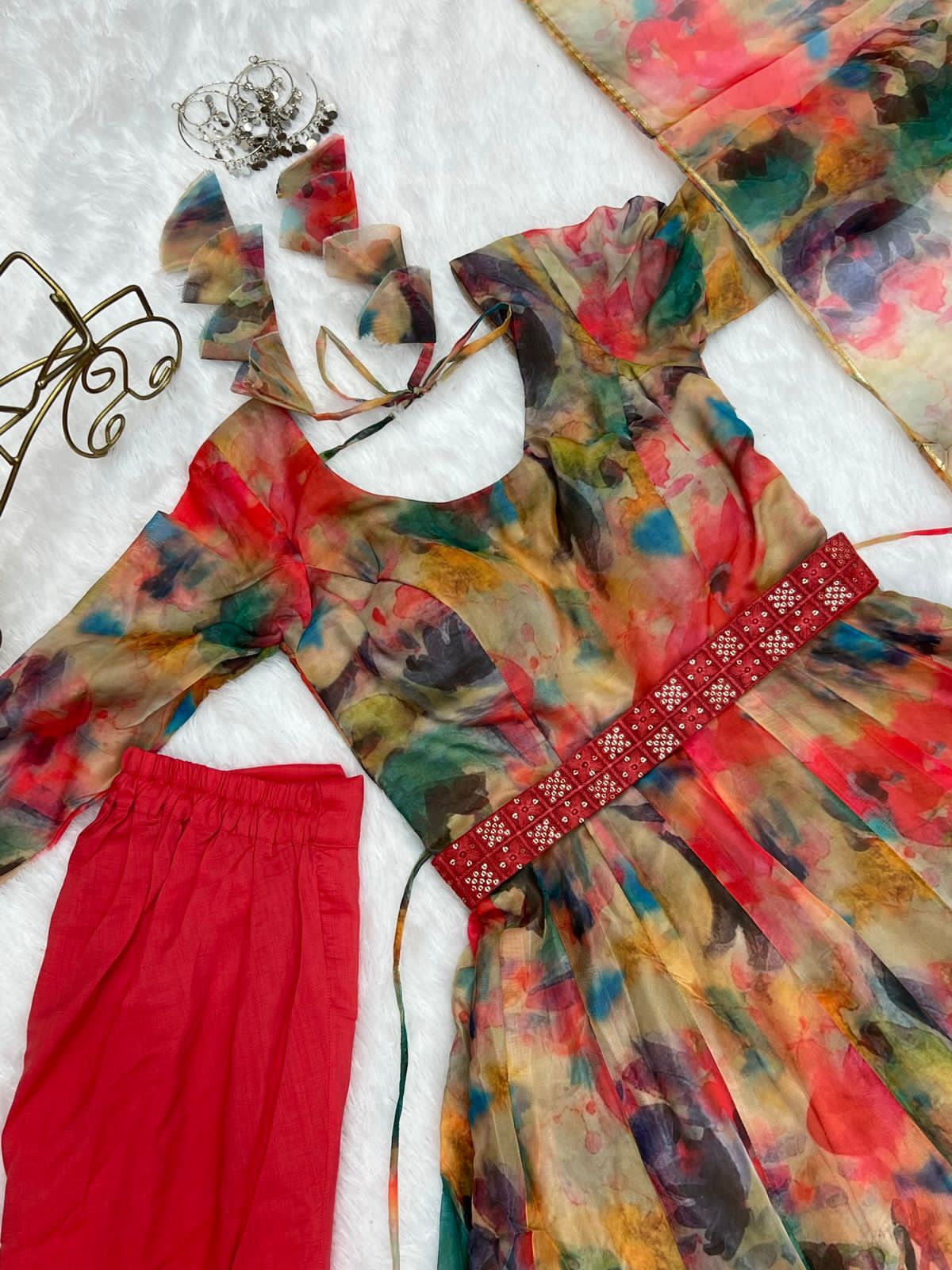 Red Color Printed Anarkali Kurta Set - Image 8