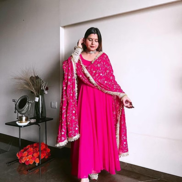 Indian Premium Designer Sequence Embroidery Work Full Flare Anarkali Style Gown Set With Heavy Fancy Lace Border Georgette Dupatta