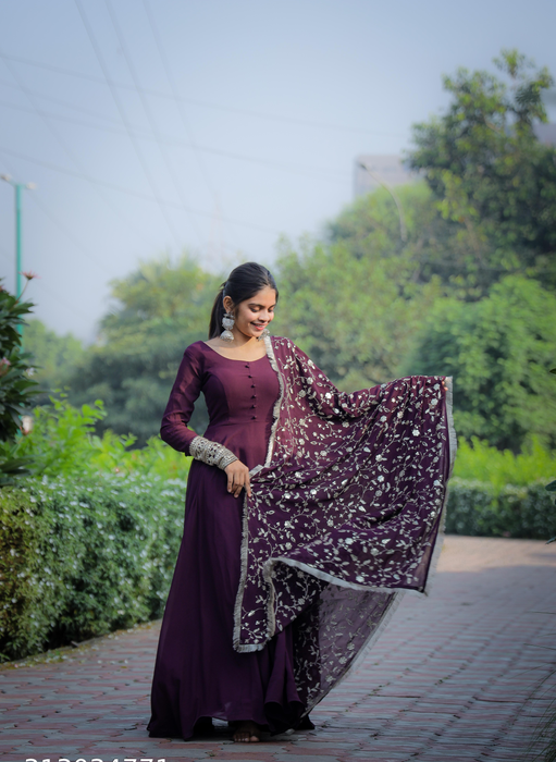 Purple Color Sequence Embrodery Work Anarkali Kurta Set