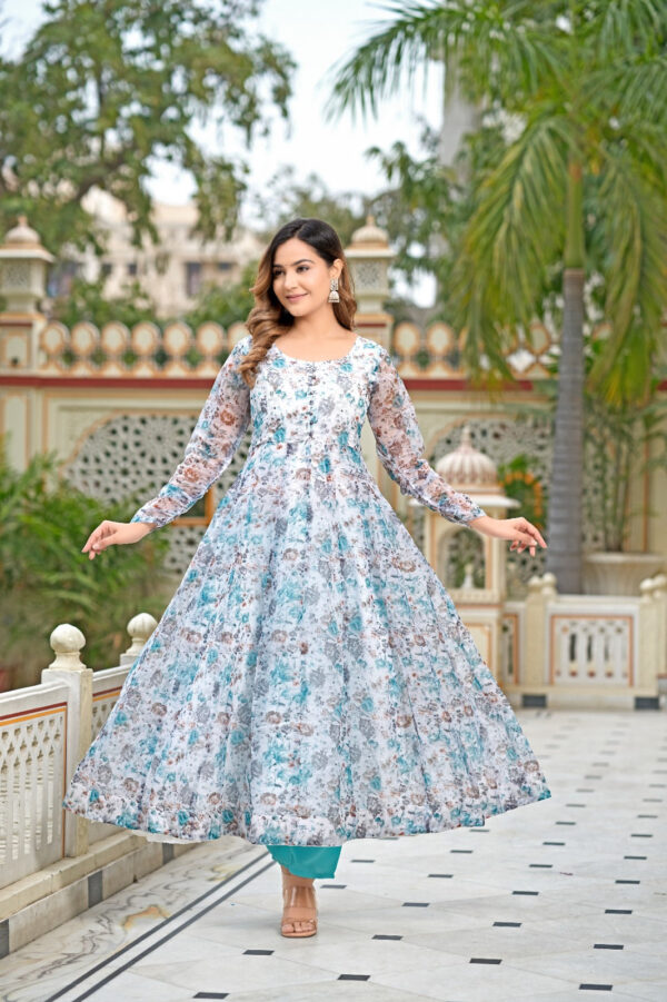 Multi Color Printed Organza Silk Anarkali Kurta Suit