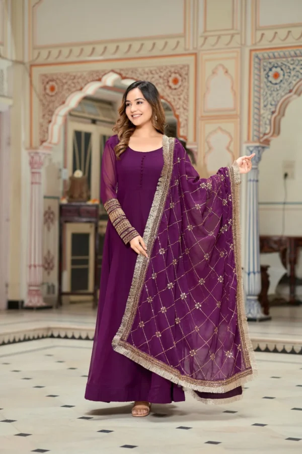Purple Faux Georgette Sequence Embroidery Work Full Flare Anarkali Suit