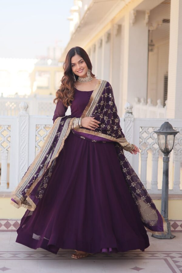 Purple Faux Georgette Sequence Embroidery Work Full Flare Anarkali Suit