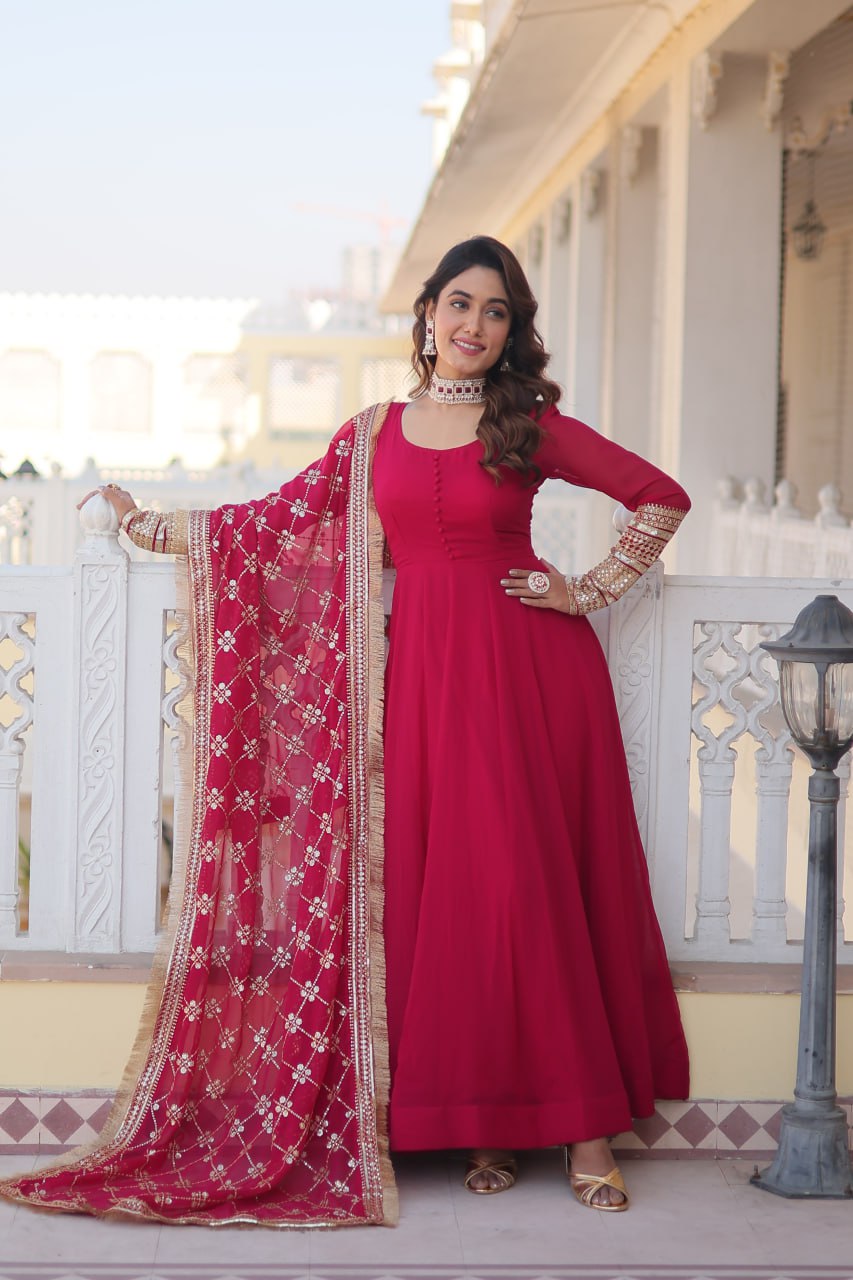 Rani Pink Faux Georgette Sequence Embroidery Work Full Flare Anarkali Suit - Image 3