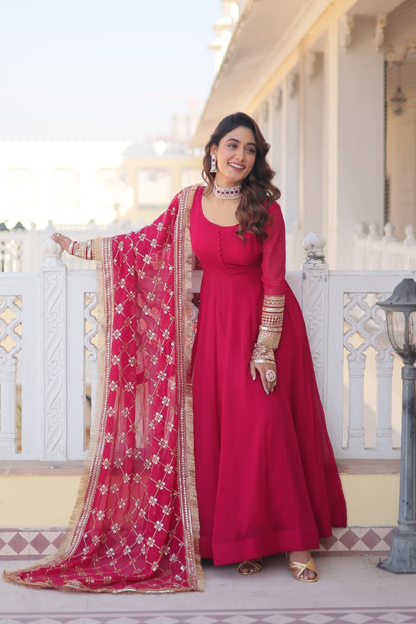 Rani Pink Faux Georgette Sequence Embroidery Work Full Flare Anarkali Suit - Image 4