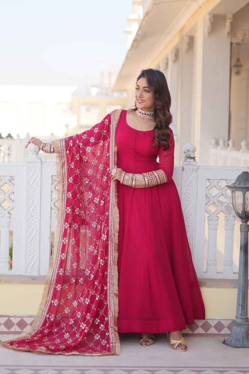 Rani Pink Faux Georgette Sequence Embroidery Work Full Flare Anarkali Suit - Image 5