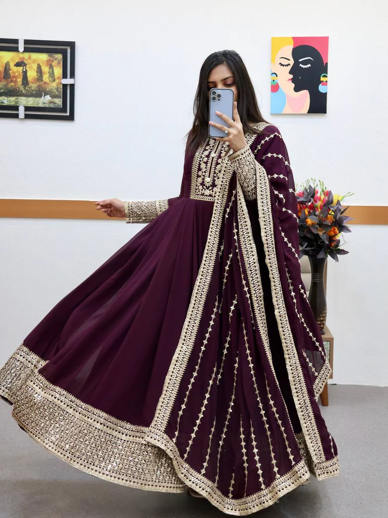 Fancy Sequence Coding Embrodery Work Anarkali Kurtaset With Dupatta - Image 3