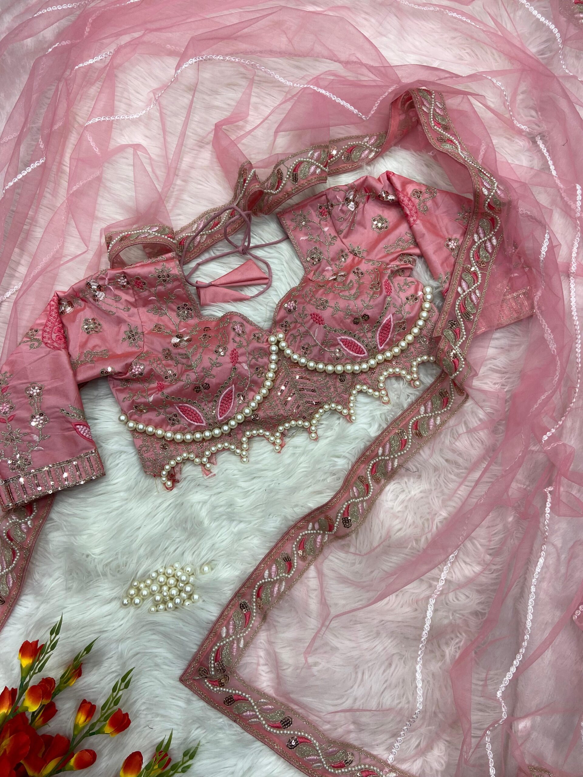 Elegant Pink Embroidered Saree with Pearl and Net Detailing