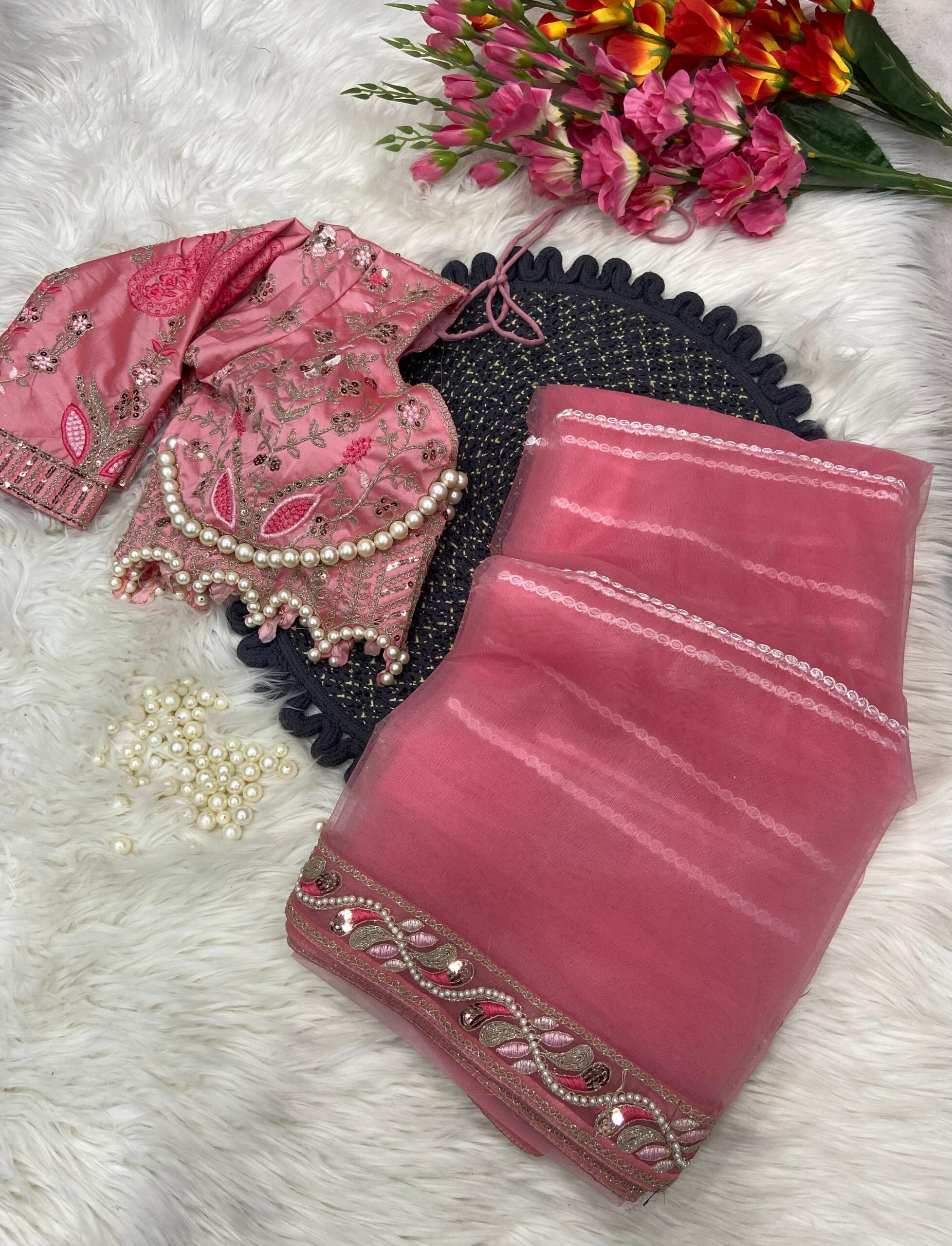 Elegant Pink Embroidered Saree with Pearl and Net Detailing - Image 3