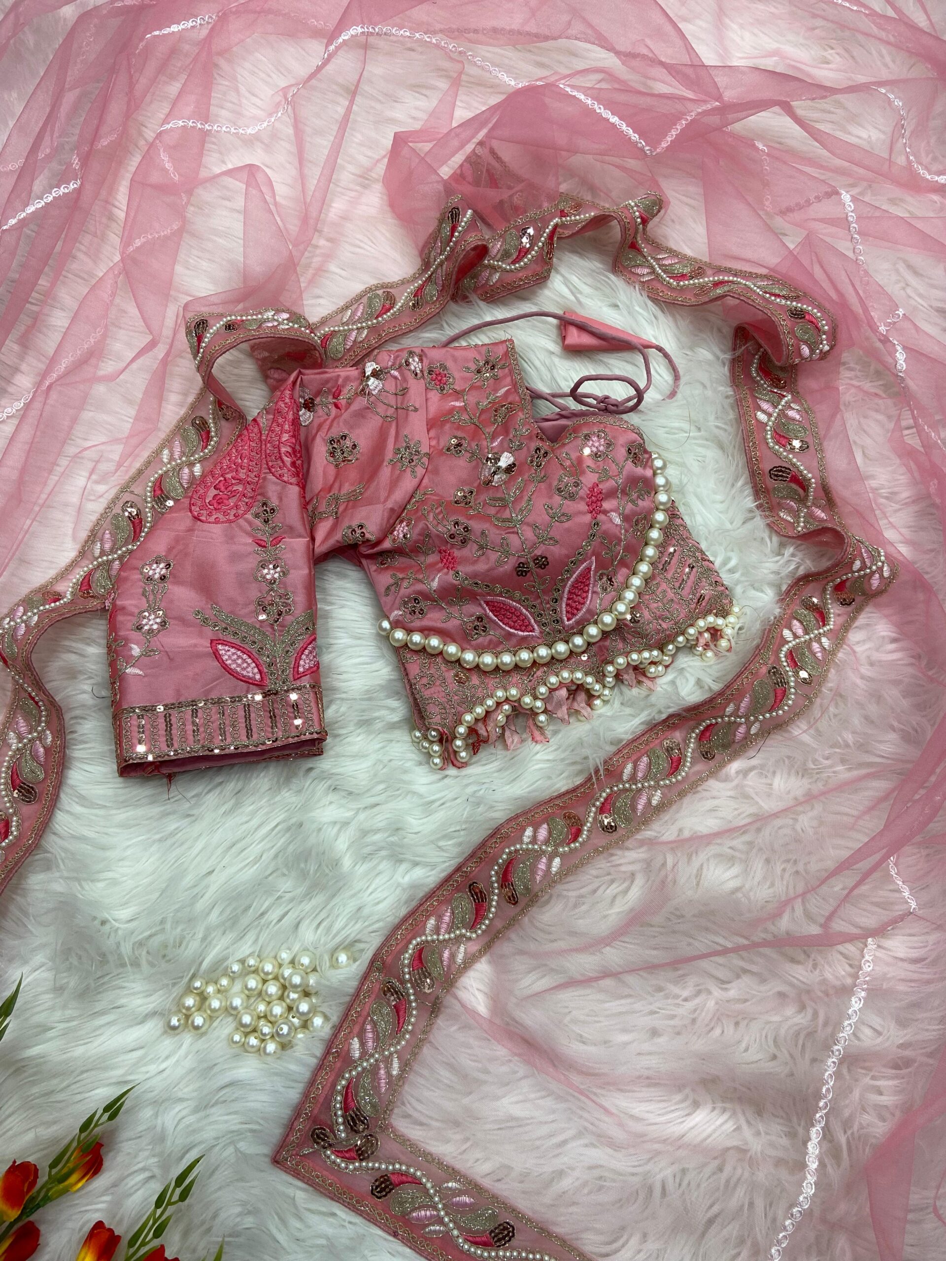 Elegant Pink Embroidered Saree with Pearl and Net Detailing - Image 4