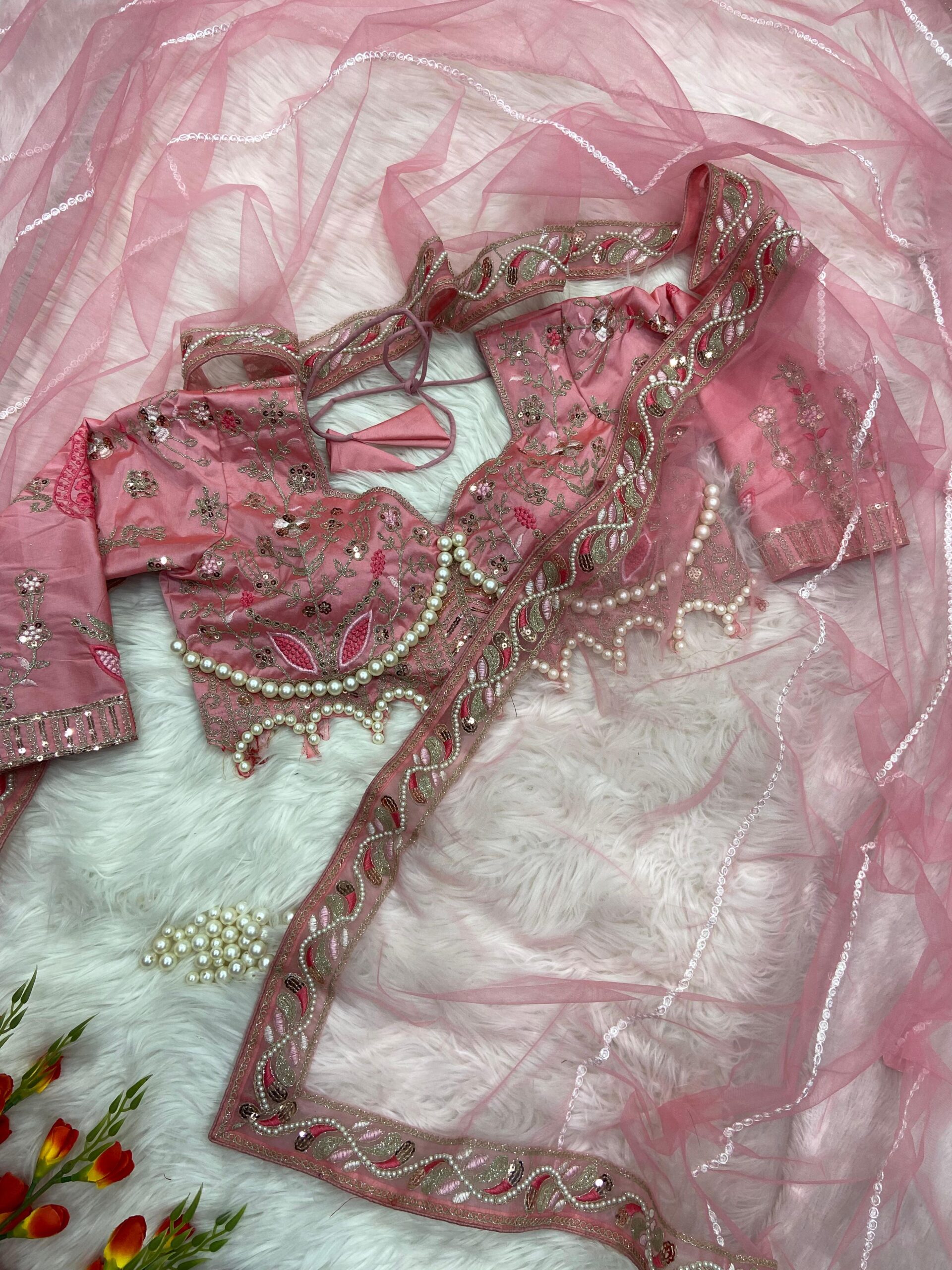 Elegant Pink Embroidered Saree with Pearl and Net Detailing - Image 5