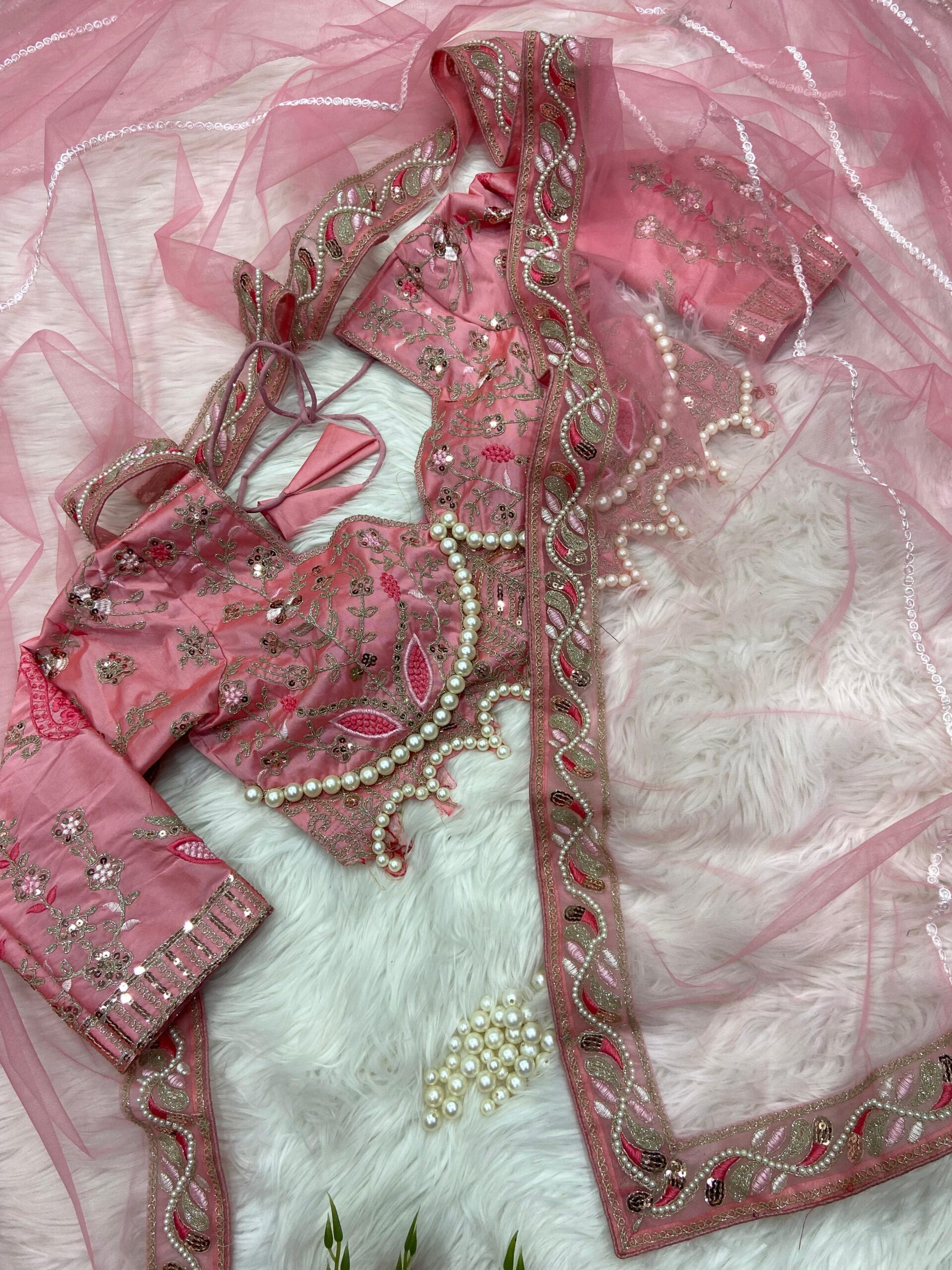 Elegant Pink Embroidered Saree with Pearl and Net Detailing - Image 2