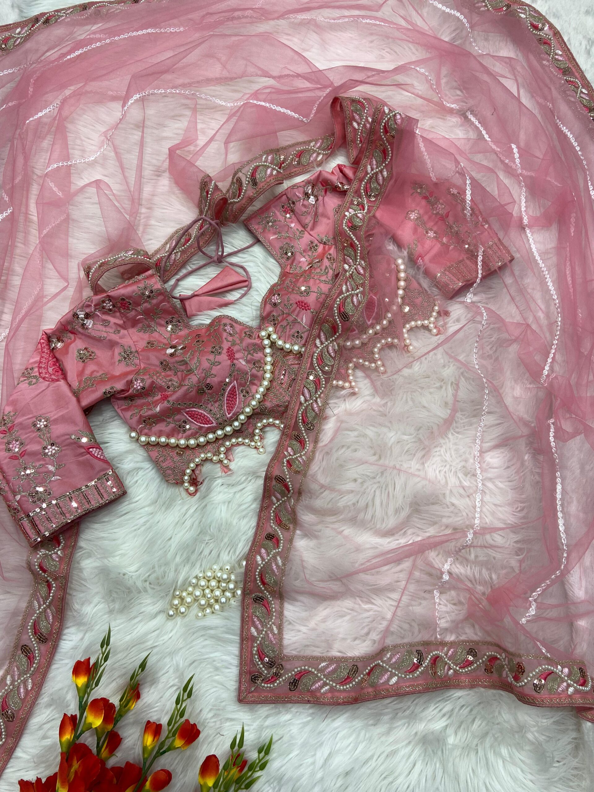Elegant Pink Embroidered Saree with Pearl and Net Detailing - Image 6