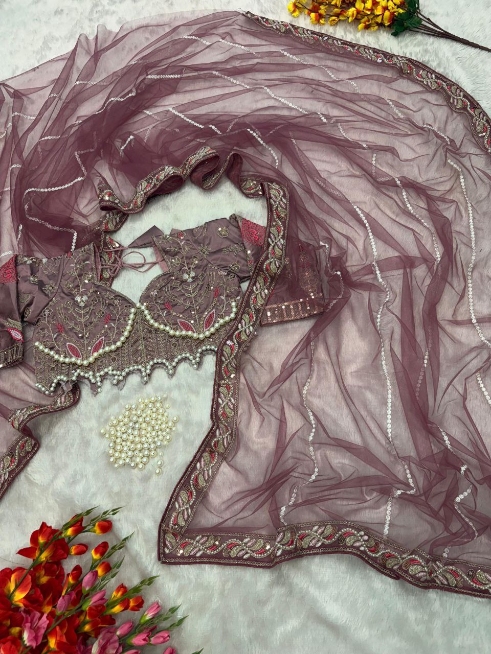 Elegant Purple Embroidered Saree with Pearl and Net Detailing