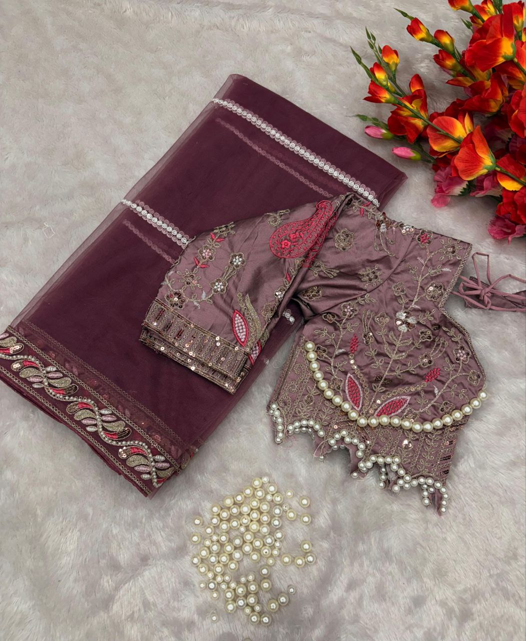 Elegant Purple Embroidered Saree with Pearl and Net Detailing - Image 4