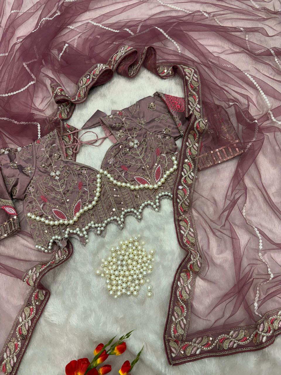 Elegant Purple Embroidered Saree with Pearl and Net Detailing - Image 3