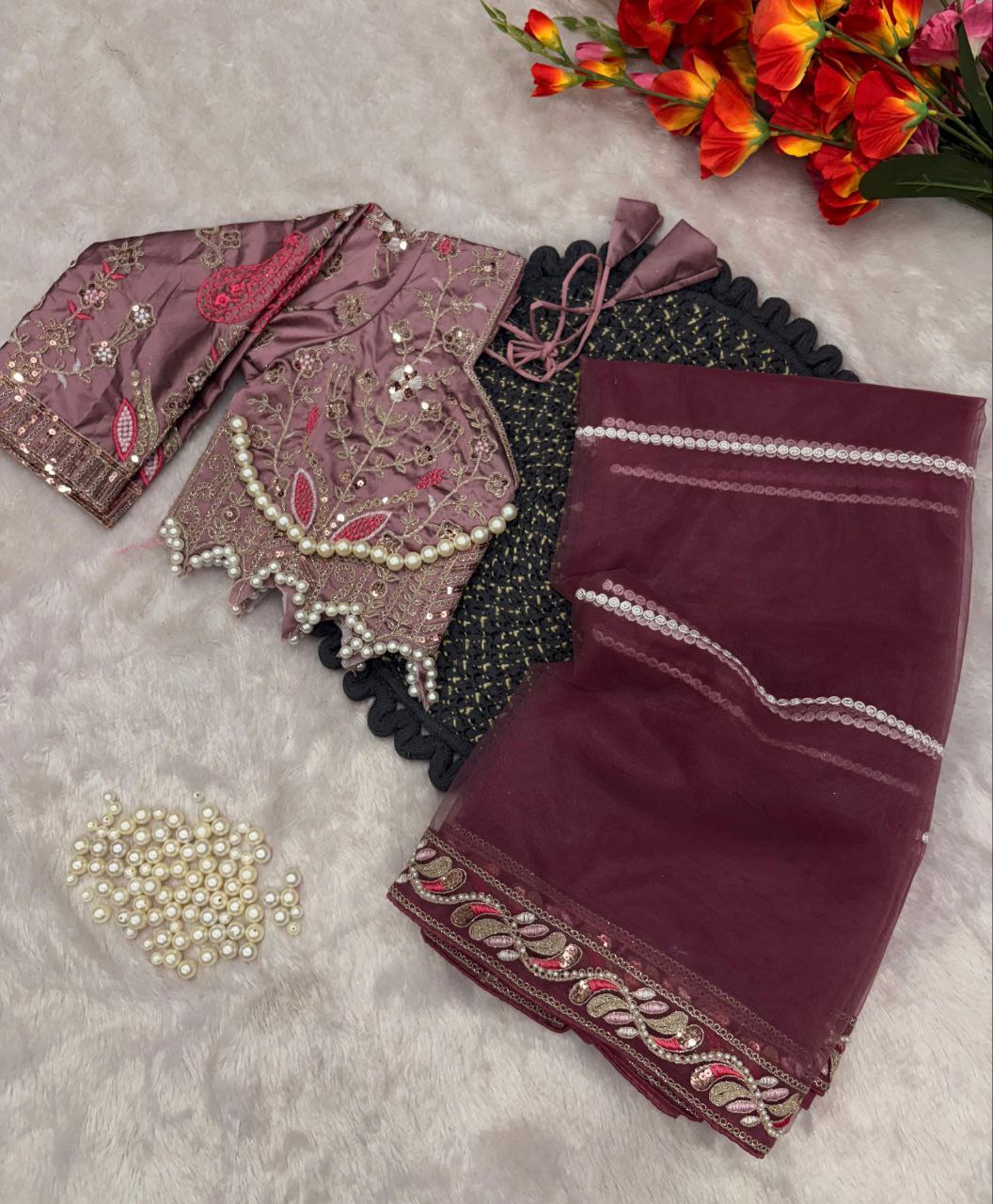 Elegant Purple Embroidered Saree with Pearl and Net Detailing - Image 5