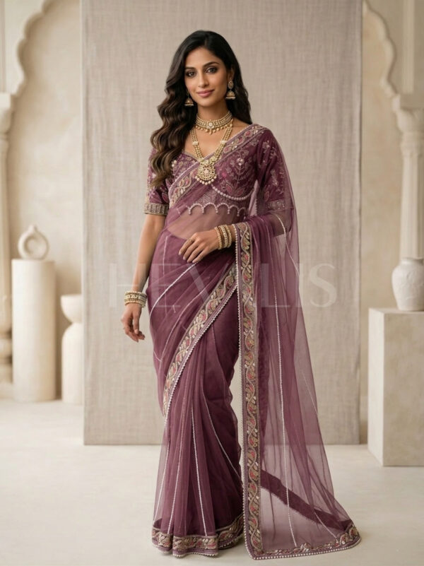 Elegant Purple Embroidered Saree with Pearl and Net Detailing