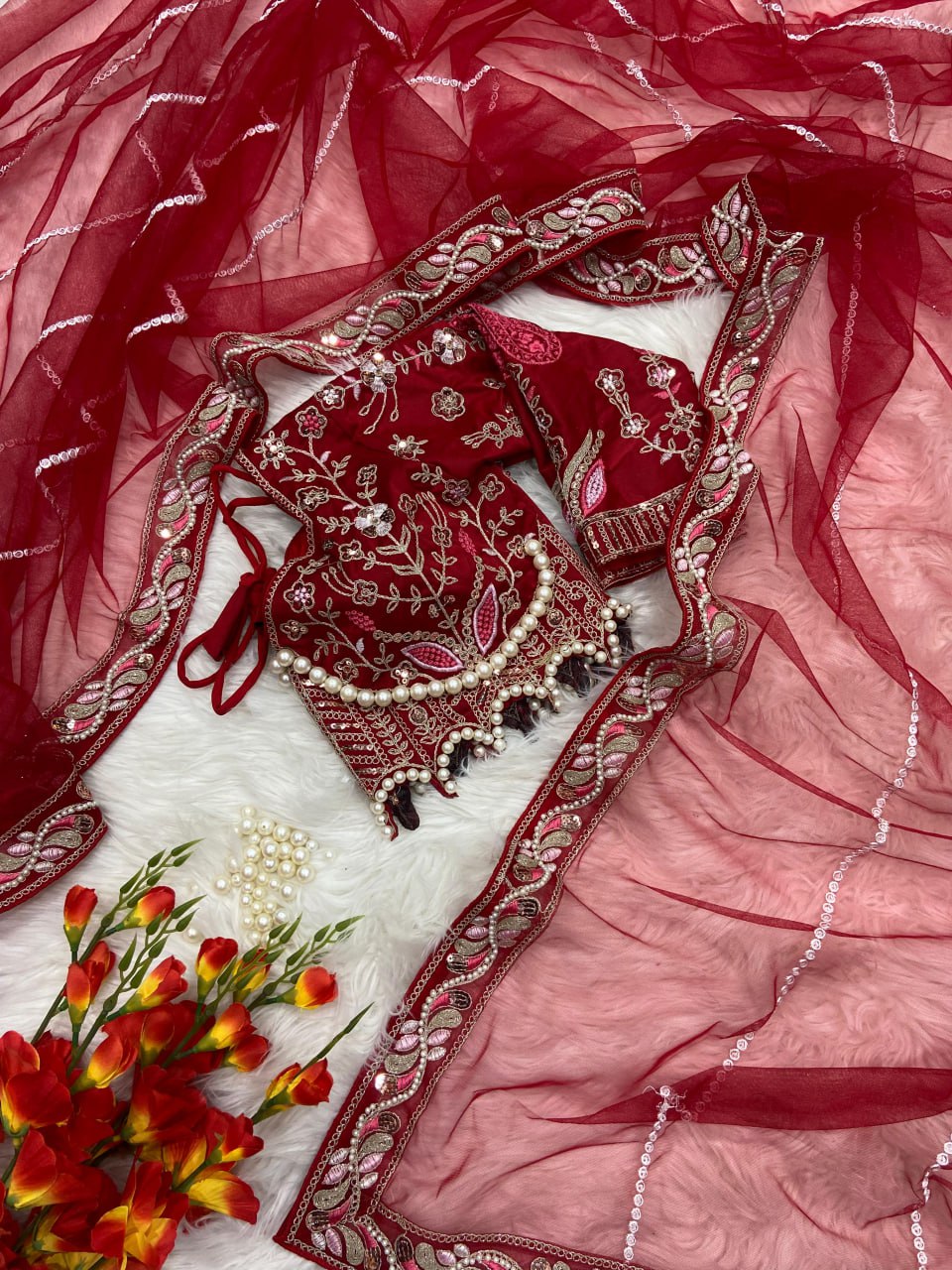 Elegant Red Embroidered Saree with Pearl and Net Detailing - Image 3